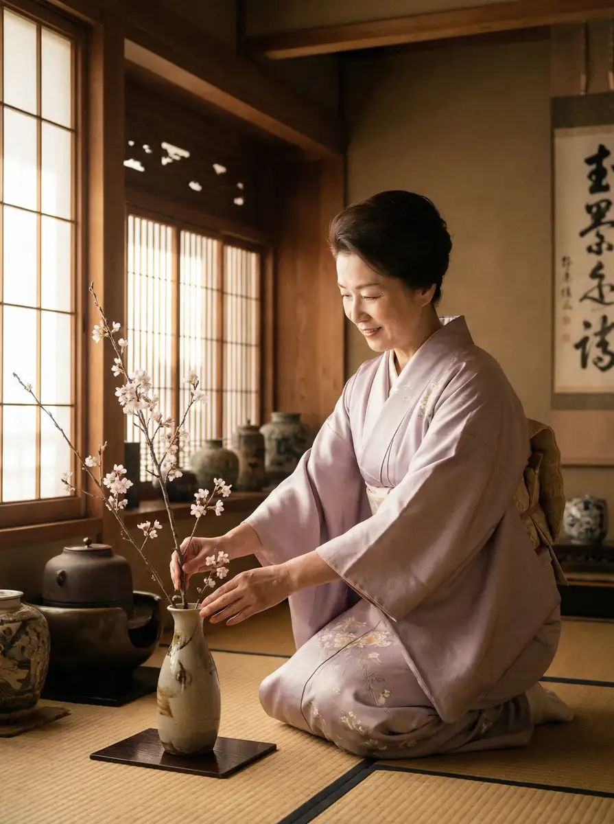 一位优雅的 乐玩体育平台 在和室中插花